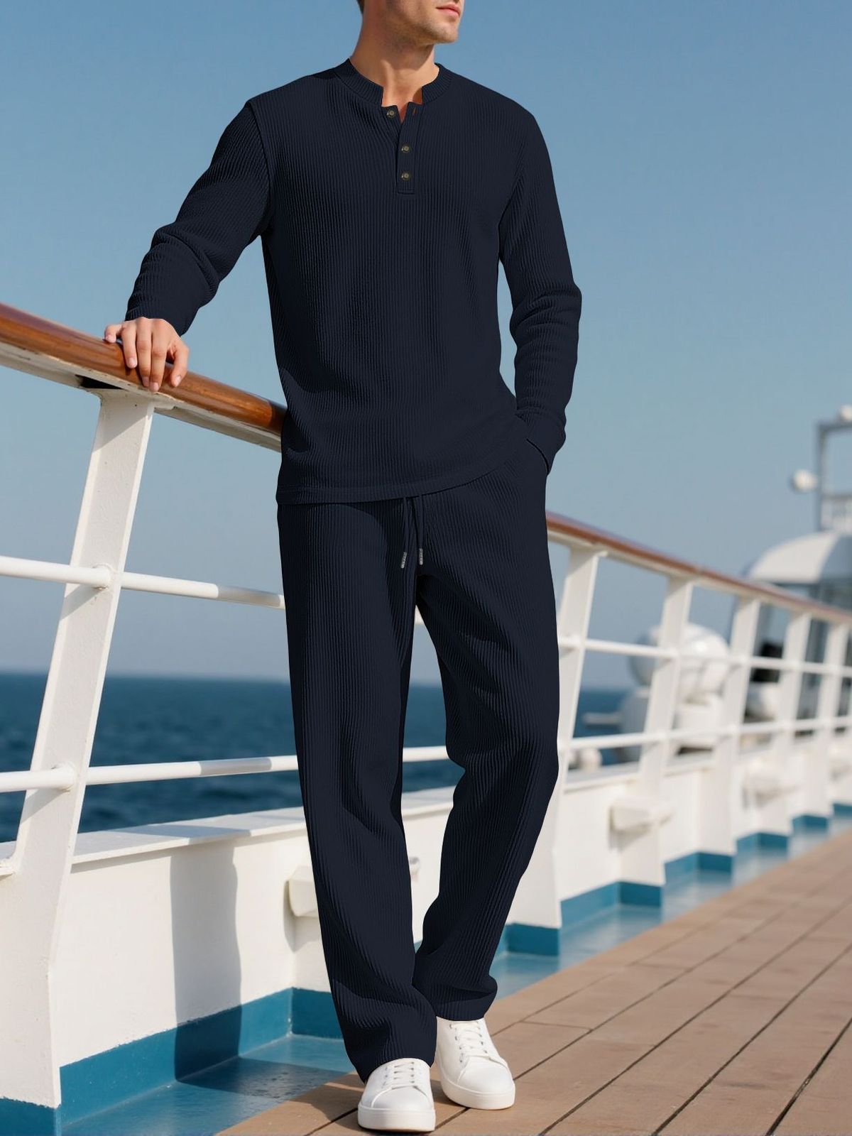 Men's Casual Solid Color Button Corduroy Round Neck Long Sleeve Trousers Two Piece Suit_viptrois.com