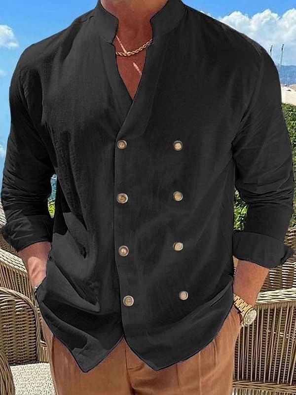 Men's Clothing Men's Large Size Double Breasted Shirt Home Leisure Stand Up Collar Shirt Cotton And Linen Long Sleeved Cardigan Jacket_viptrois.com