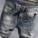 Men's Vintage Light Blue Jeans Distressed Washed Denim Pants Slim Tapered Fit Casual Style with Subtle Stretch_viptrois.com