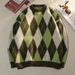 Pure 2023 Green Diamond Pattern Knitted Men's Korean Loose Pullover Round Neck Lazy Style Color Block Versatile Sweater_viptrois.com
