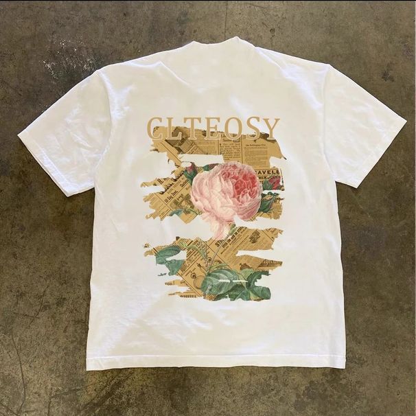 230G Pure Cotton Short D T-shirt Men's American Newspaper Print Trendy Loose And Versatile Casual Round Neck Half_viptrois.com