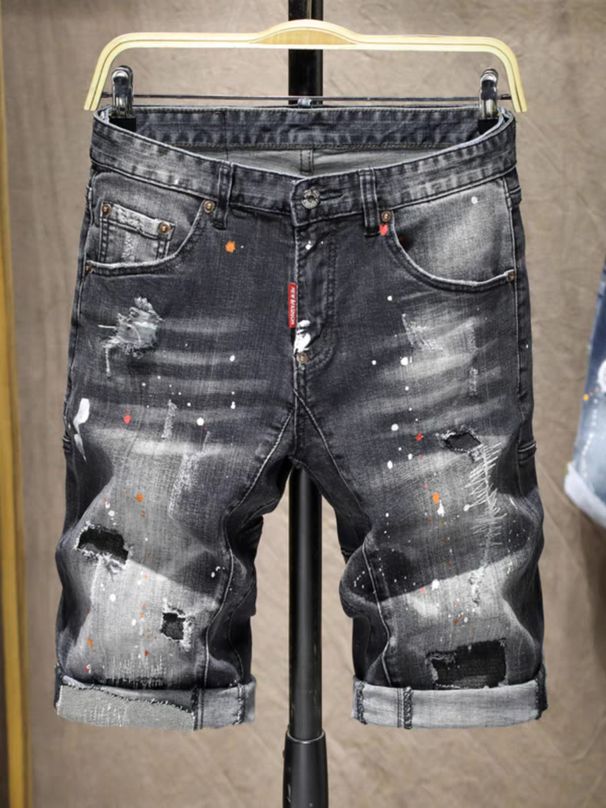 Men's High Street Trendy Men's Street Hip-hop Style Slim Cut Hand-painted Paint Dot Denim Shorts For Men_viptrois.com