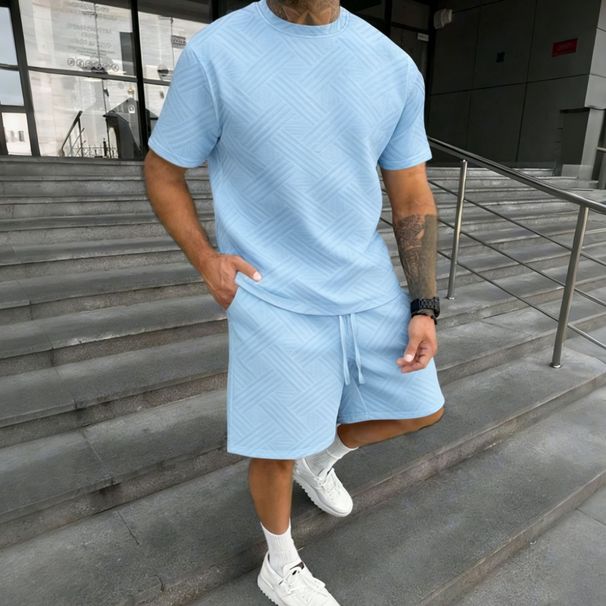 Men's Solid Jacquard Short-Sleeve T-Shirt & Shorts Set – Casual Spring Outfit_viptrois.com