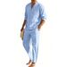 Men's Linen Hawaiian Shirt And Drawstring Pants Set | Breathable Long Sleeve Henley & Straight Leg Outfit For Resort Vacation_viptrois.com