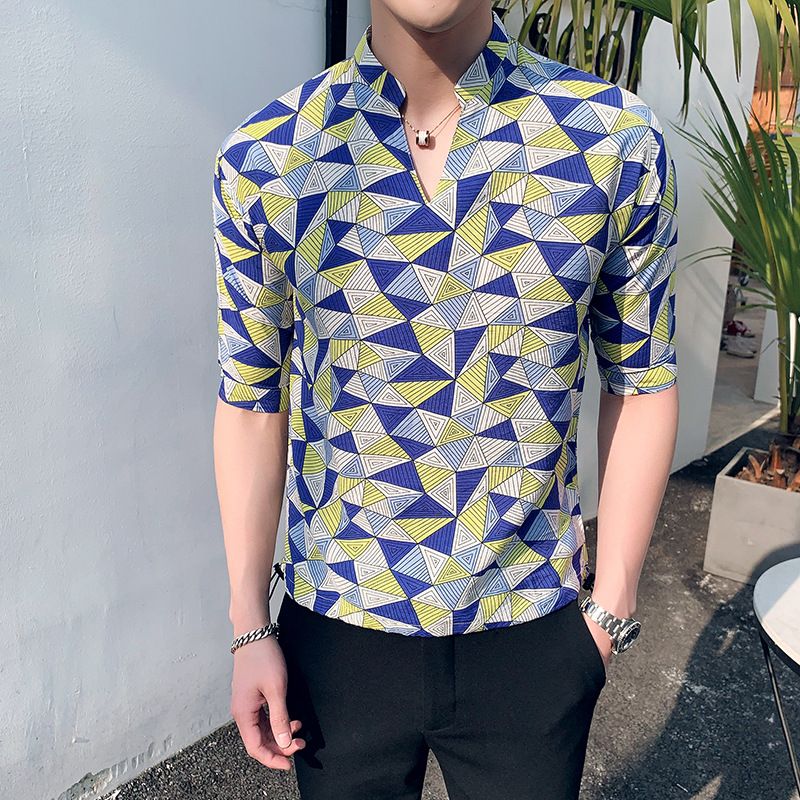 Men's Clothing New Summer Three Quarter Sleeve Shirt Personality Triangular Pyramid Print Loose Version Shirt_viptrois.com