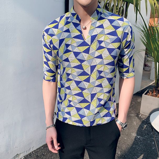 Men's Clothing New Summer Three Quarter Sleeve Shirt Personality Triangular Pyramid Print Loose Version Shirt_viptrois.com