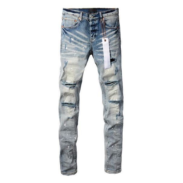 Casual Custom Silk Label Denim High Quality Breathable Fitting Ripped Streets Styles Purple Jeans Ripped Men's Blue_viptrois.com