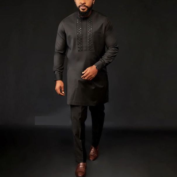 Men's Clothing Ethnic Style Solid Color Beaded Casual 2 Piece Suit_viptrois.com
