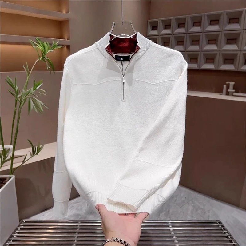 Pure Half-Zip Heavyweight Stand Collar Sweater For Men, Autumn And Winter, Slightly Loose, Retro Lazy Style, Solid Color,_viptrois.com