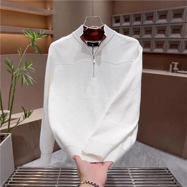 Pure Half-Zip Heavyweight Stand Collar Sweater For Men, Autumn And Winter, Slightly Loose, Retro Lazy Style, Solid Color,_viptrois.com
