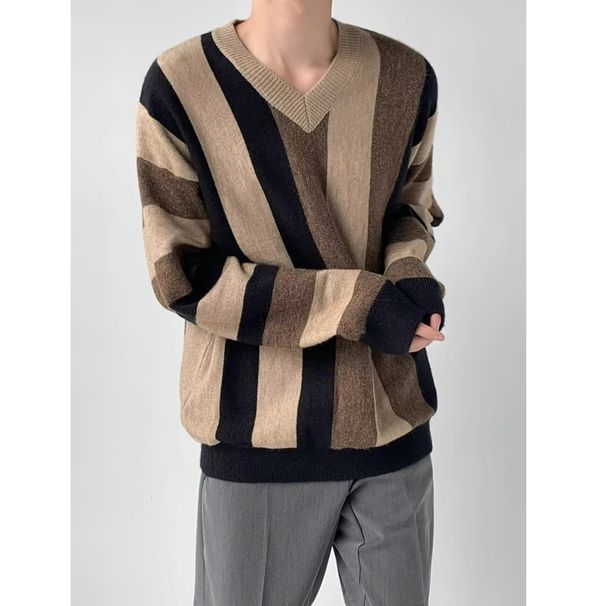 Striped V-Neck Knit Sweater – Relaxed Fit Pullover (Breathable Cotton Blend, Contrast Color Blocking, Fall/Winter Layering Essential)_viptrois.com