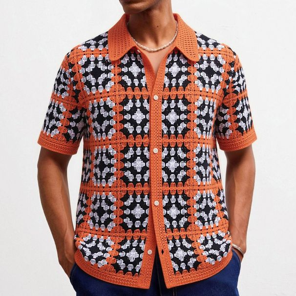 Cross Border Men's Summer New Crochet Hollow Knit Sweater European And American Casual Short Sleeved Vacation Style Polo Shirt SY0219_viptrois.com