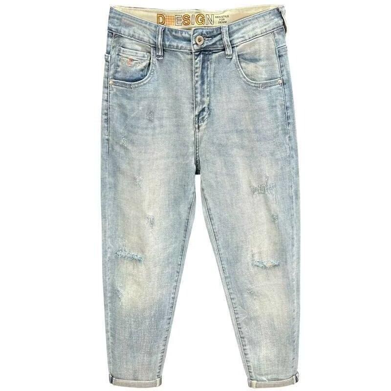 Men's Clothing Tapered High End Nine Point Jeans Men's Skinny Pants Retro Light Blue Handsome Scraped Spring And Summer Thin Nine Point Pants Handsome_viptrois.com