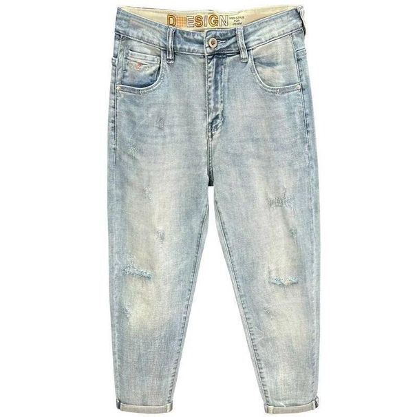 Men's Clothing Tapered High End Nine Point Jeans Men's Skinny Pants Retro Light Blue Handsome Scraped Spring And Summer Thin Nine Point Pants Handsome_viptrois.com
