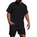 Men's Corduroy Casual Crew Neck Shorts Set Solid Color T-Shirt And Shorts Sporty Running Training Outfit_viptrois.com