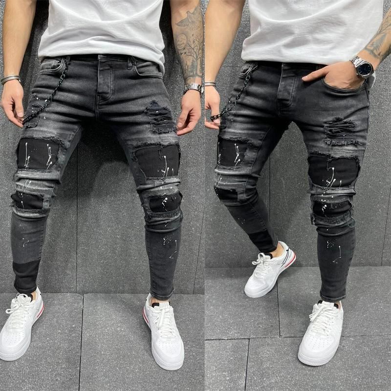 boy Cross-Border European And American Men's Ripped Printed Digital Selling Patch Elastic Slim Jeans New Style_viptrois.com