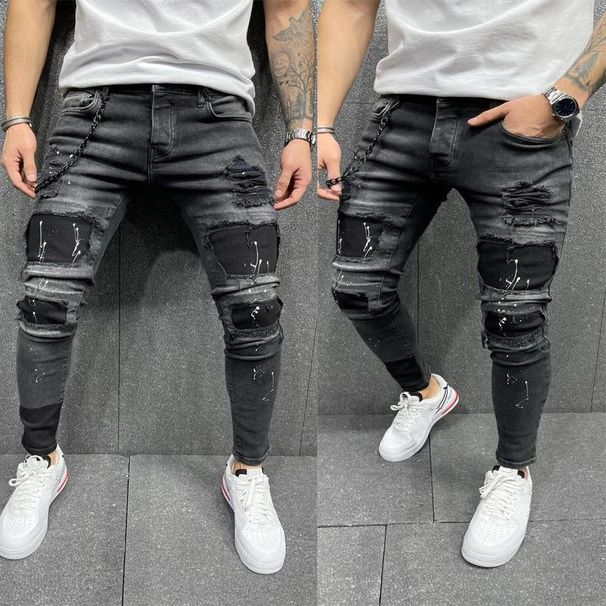 boy Cross-Border European And American Men's Ripped Printed Digital Selling Patch Elastic Slim Jeans New Style_viptrois.com