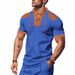 Men's Clothing Retro Lace Up V Neck Fashion Casual Colorblock Short Sleeved T Shirt_viptrois.com