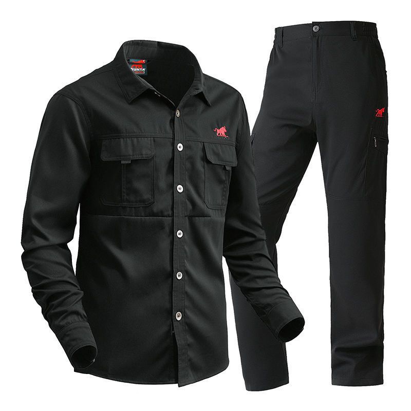 Men's Clothing Men's Military Style Workwear Set - Durable Long-Sleeve Shirt & Pants For Outdoor & Casual Wear (Army Green, Black, Gray, Khaki)_viptrois.com
