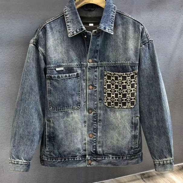 High End Design, Precision Embroidery Pock Denim Jack, Men's Spring And Autumn American Loose Workwear Splicing_viptrois.com