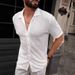 Men's Clothing Casual Knitted Shirt Solid Color Lapel Hollow Breathable Short Sleeved Top_viptrois.com