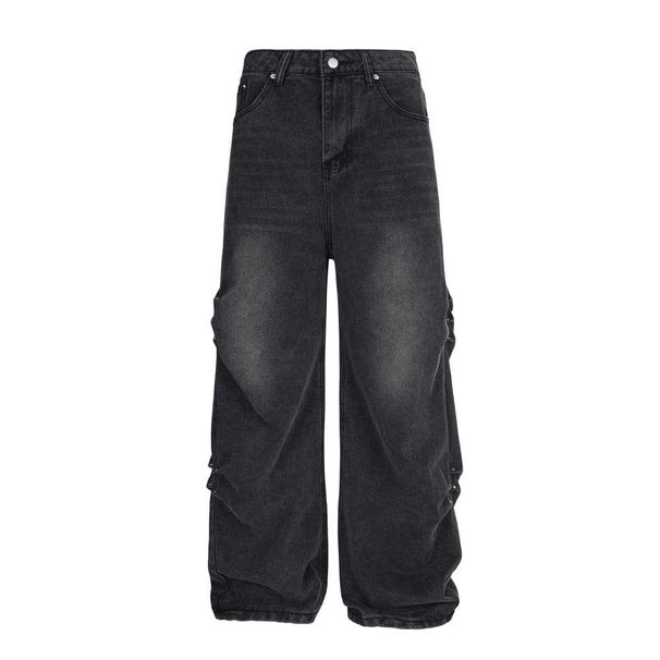 Designer Jeans Men's Workwear Punk High Street Trend Washed Distressed Rivet Pleated Loose Wide-Leg Pants_viptrois.com