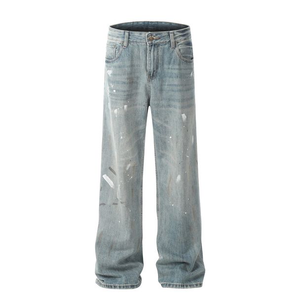 Paint Splatter Ink Jeans Men's Punk Trendy Brand Niche Design Loose Washed Wide-Leg Straight Long Pants_viptrois.com