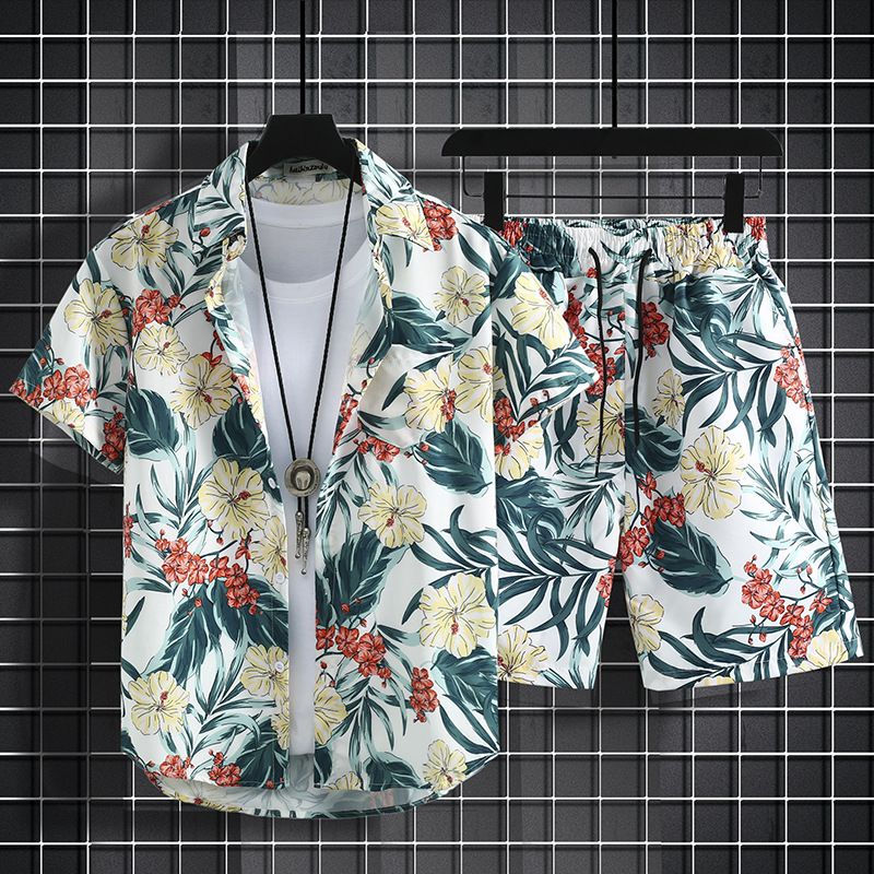 Men's Hawaiian Shirt And Swim Trunks Set, Beach Vacation Short Sleeve Shirt With Matching Board Shorts, Tropical Floral Print_viptrois.com