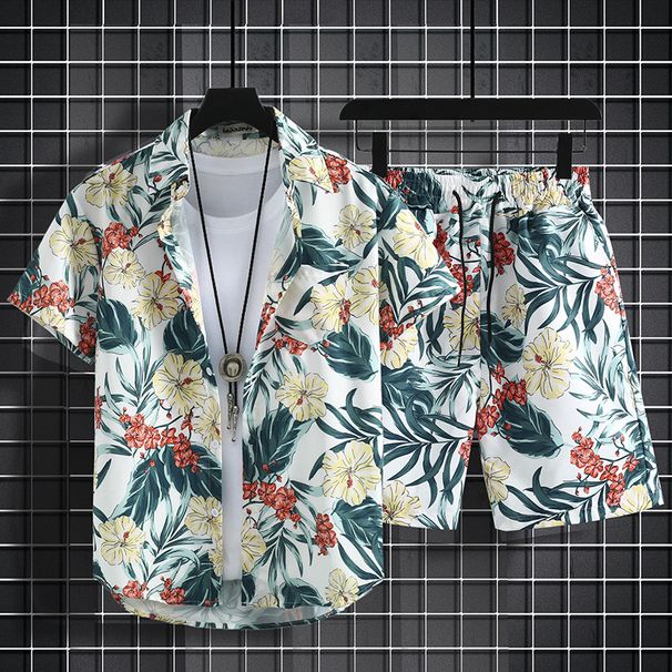 Men's Hawaiian Shirt And Swim Trunks Set, Beach Vacation Short Sleeve Shirt With Matching Board Shorts, Tropical Floral Print_viptrois.com
