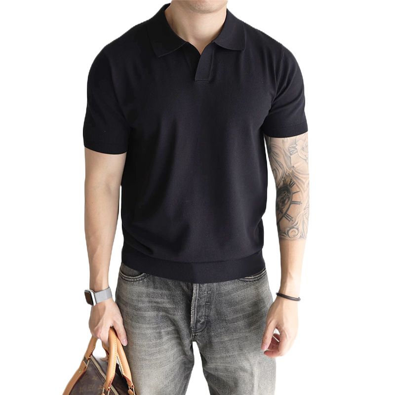 Men's Slim Fit V-Neck Polo Shirt – Breathable & Moisture-Wicking Summer Knit (Black/White/Grey/Beige/Army Green/Blue)_viptrois.com