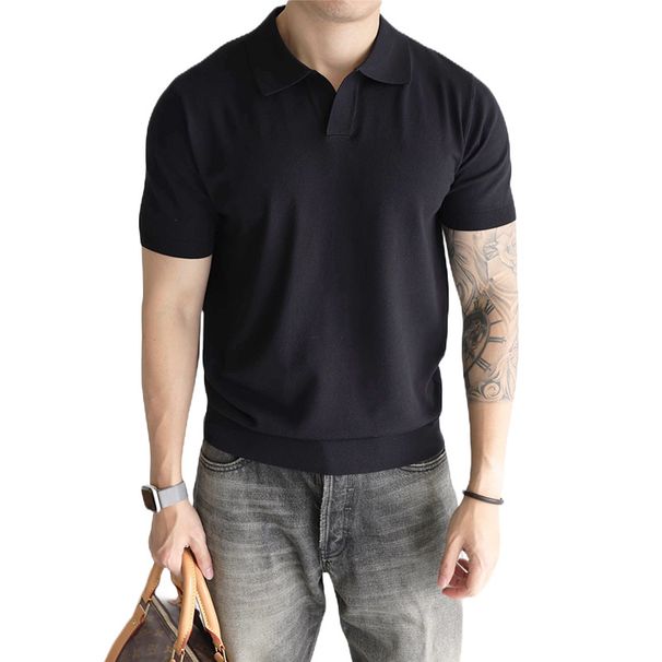 Men's Slim Fit V-Neck Polo Shirt – Breathable & Moisture-Wicking Summer Knit (Black/White/Grey/Beige/Army Green/Blue)_viptrois.com