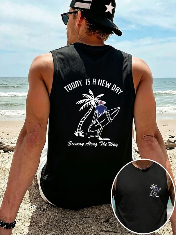 Canotta Uomo Girocollo 100% Cotone Stampa Creativa Surf E Palme Traspirante Senza Maniche Casual Spiaggia Estivo Multicolore_viptrois.com