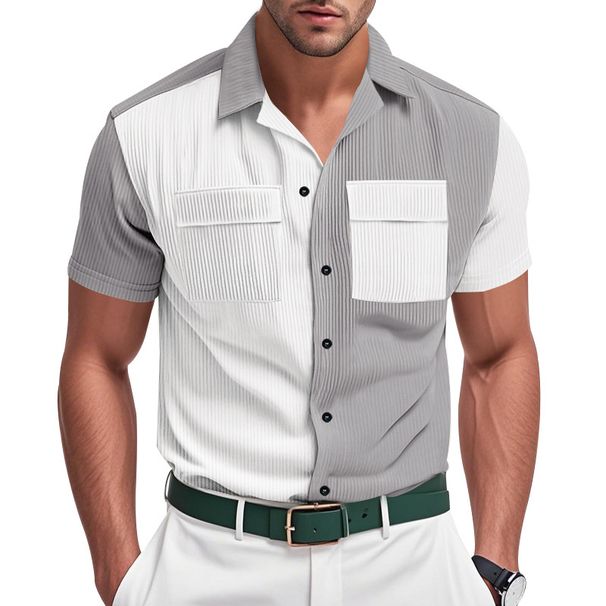 Men's Clothing Summer New Men's Contrast Color Short Sleeved Cardigan Breathable Casual Beach Button Shirt T Shirt_viptrois.com
