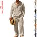 Men's Linen Cotton Casual Lounge Set Long Sleeve Hooded Shirt And Pants Comfortable Oversized Loungewear_viptrois.com