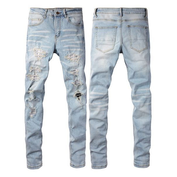 High Street Chiu brand new re-wash knife cut holes in the beggar sticker elastic slim-fit jeans man_viptrois.com