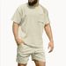 Men's Corduroy Casual Crew Neck Shorts Set Solid Color T-Shirt And Shorts Sporty Running Training Outfit_viptrois.com