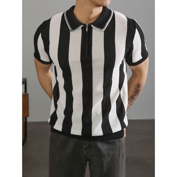Half-zip Striped With Short Sleeves For Men, American Retro Hollow-out Knit Shirt, High-end Trendy Brand Polo Shirt_viptrois.com