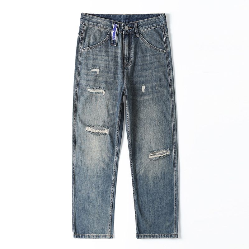 Men's Clothing Spring/Summer Retro Blue Distressed Ripped Jeans, Loose Straight Leg, European And American Casual Wide Leg Jeans For Men_viptrois.com