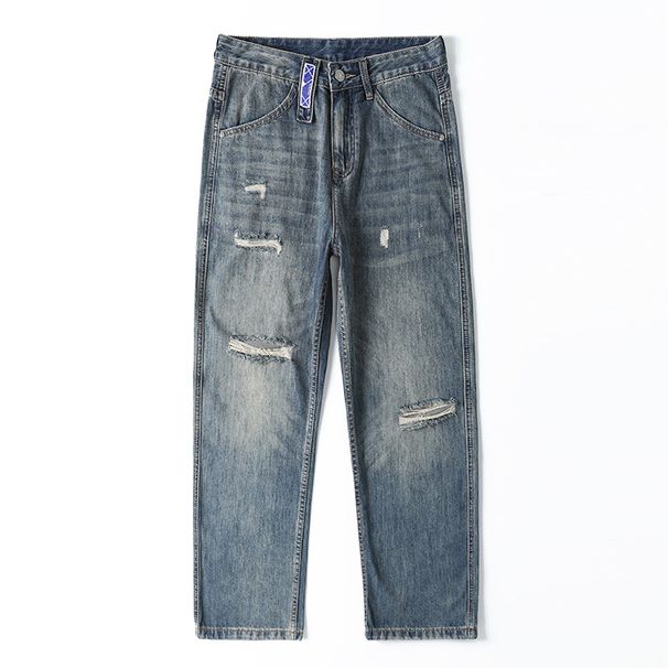 Men's Clothing Spring/Summer Retro Blue Distressed Ripped Jeans, Loose Straight Leg, European And American Casual Wide Leg Jeans For Men_viptrois.com