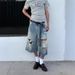 Men's Clothing Retro Hole Wide Leg Jeans For Men And Women Summer Washed Distressed High Waist Loose Straight Leg Seven Point Jeans_viptrois.com