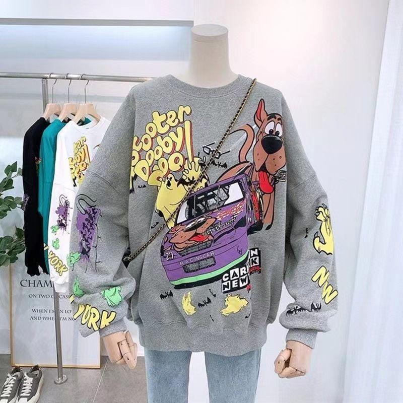 New Style Long Sleeve Crew Neck Loose Street Racing Dog Harajuku Girl Sweatshirt_viptrois.com