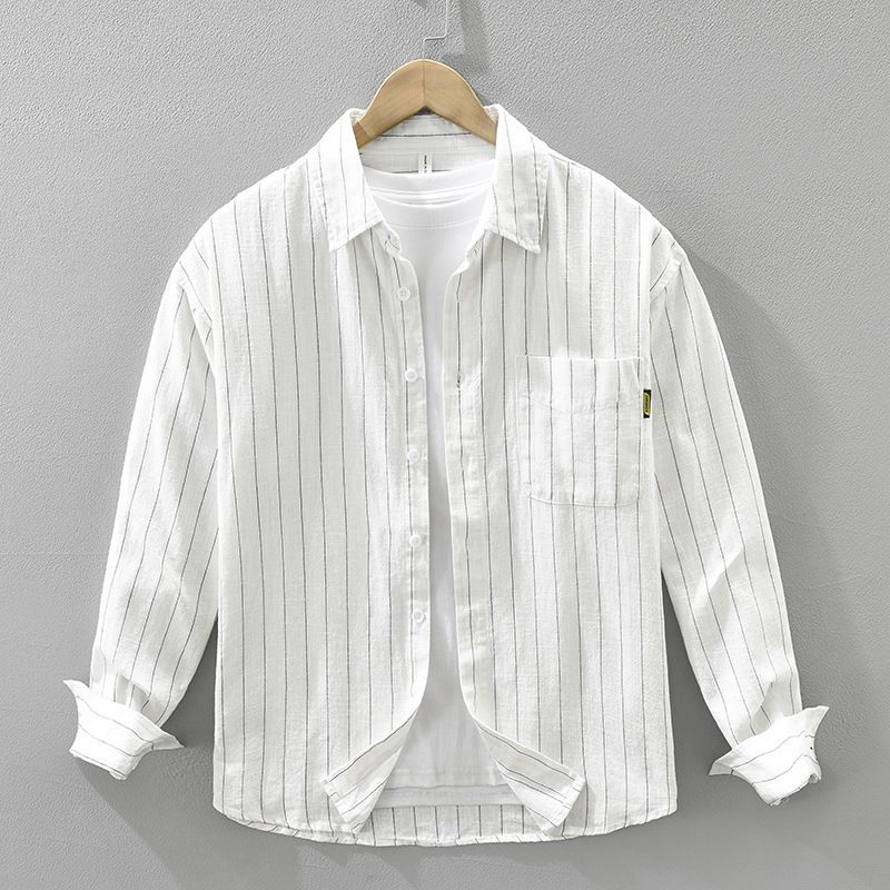 Striped Linen Long Sleeved Shirt For Men, Fashionable And Versatile, Artistic And Casual Loose Top_viptrois.com