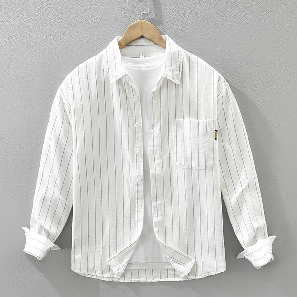 Striped Linen Long Sleeved Shirt For Men, Fashionable And Versatile, Artistic And Casual Loose Top_viptrois.com