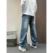 Men's Pleated Wide-Leg Jeans, Curved Hem Loose Fit Denim Pants With Layered Design For Casual Streetwear_viptrois.com