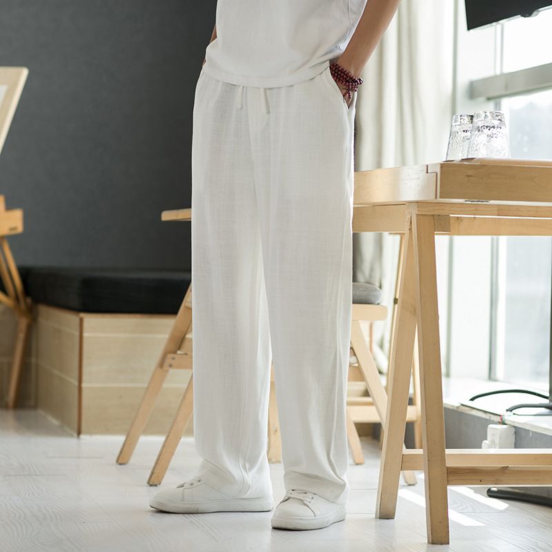 Men's Linen Pants Summer Thin Cotton-Linen Blend Casual Straight Loose Trousers Mid Waist Long Solid Color Mid Stretch_viptrois.com