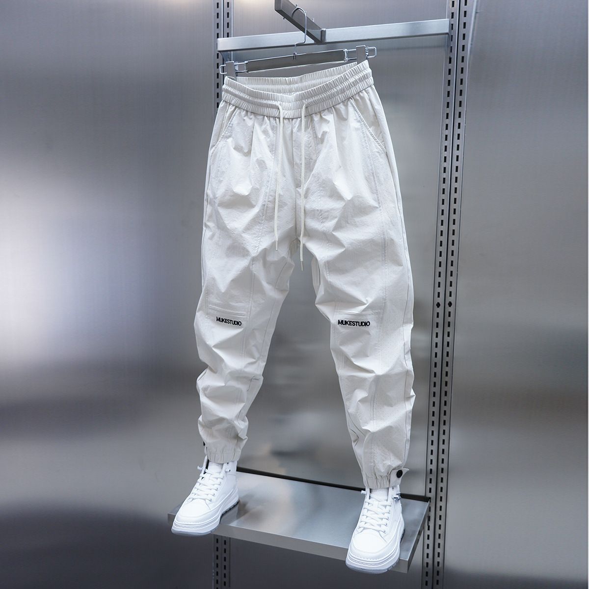 Spring Summer Men's Patchwork Jogger Pants Elastic Waist Slim Fit Embroidered Solid Color Casual Trousers Trendy Versatile_viptrois.com