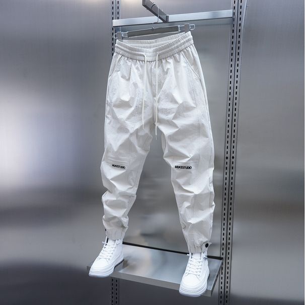 Spring Summer Men's Patchwork Jogger Pants Elastic Waist Slim Fit Embroidered Solid Color Casual Trousers Trendy Versatile_viptrois.com