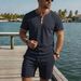 Summer Men's Shorts Set Waffle Knit Collar Color Block Pocket Button Short Sleeved Top And Bottoms Outfit_viptrois.com