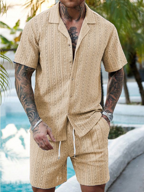 Men's Casual Cardigan Shorts Set Summer Short Sleeve Drawstring Style New TK_viptrois.com
