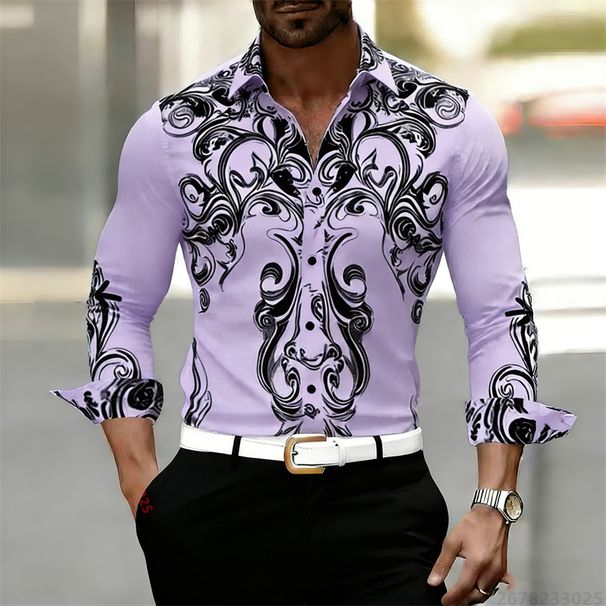 Men's Long Sleeve Shirt With Retro Black And White Artistic Print, Urban Style Collar, Casual Outdoor Top._viptrois.com